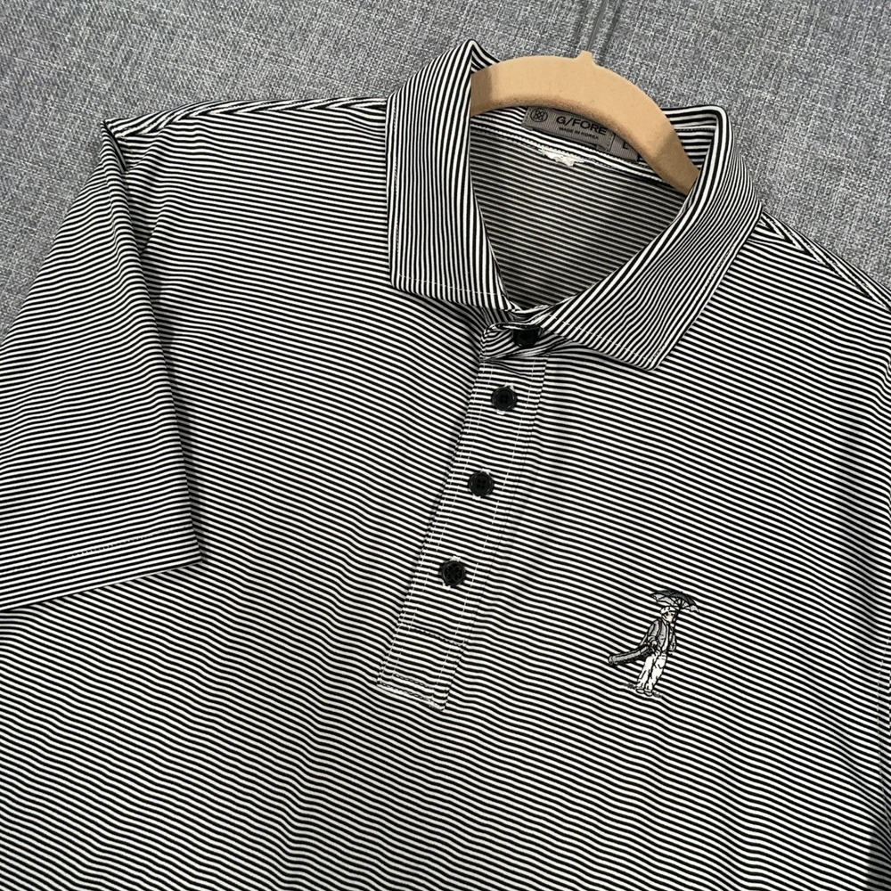 G/FORE Polo Shirt Mens Large Black White Striped Performance Glen Oak Golf Logo